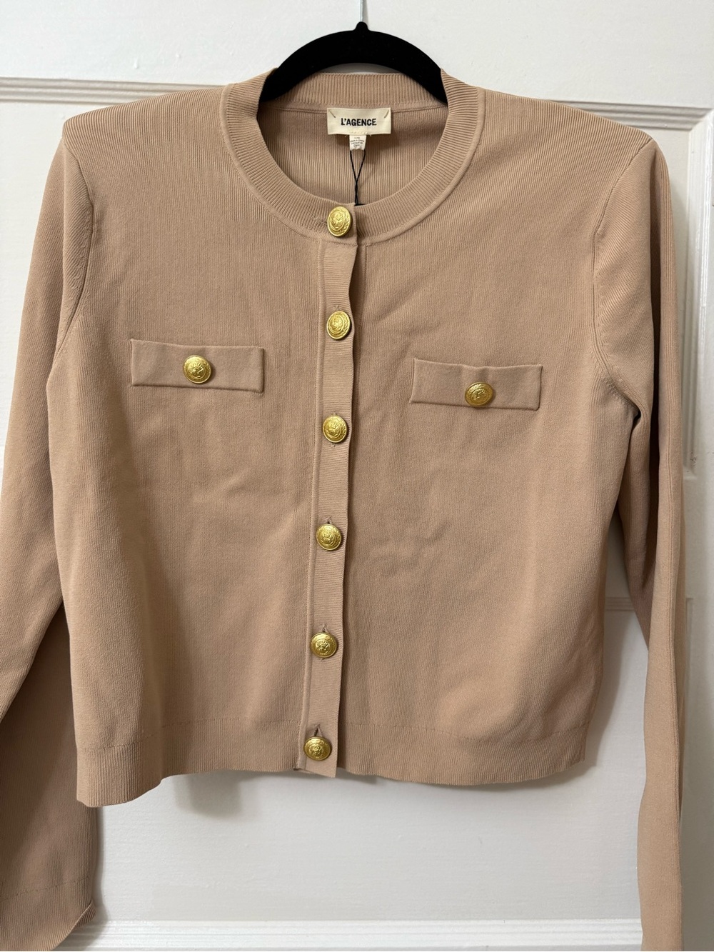 L'AGENCE Tan Crewneck Cardigan with Gold Buttons